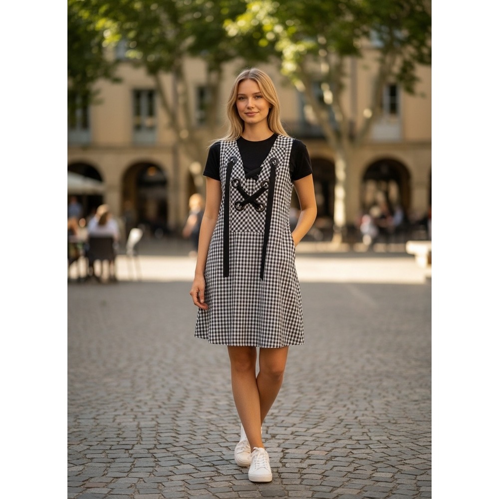 English Factory Check‎ Sleeveless Grommet Mini Dress Black White HN1644D Large